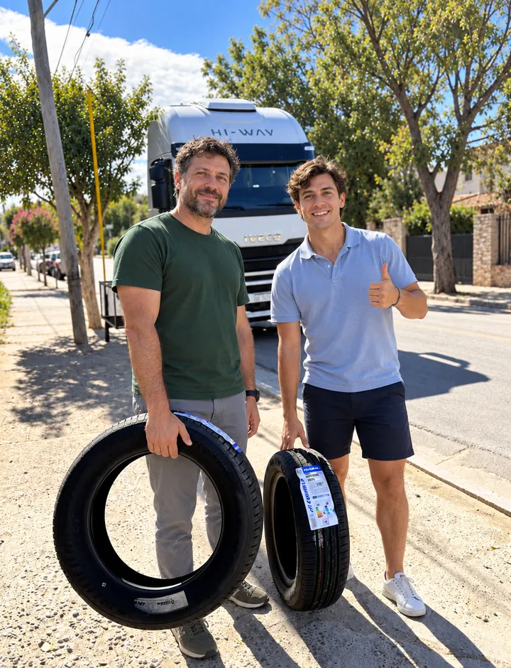 Dos hombres sosteniendo llantas junto a camioneta