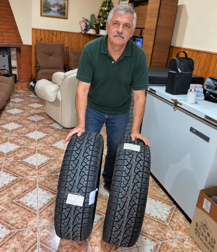 Hombre mayor junto a dos neumáticos