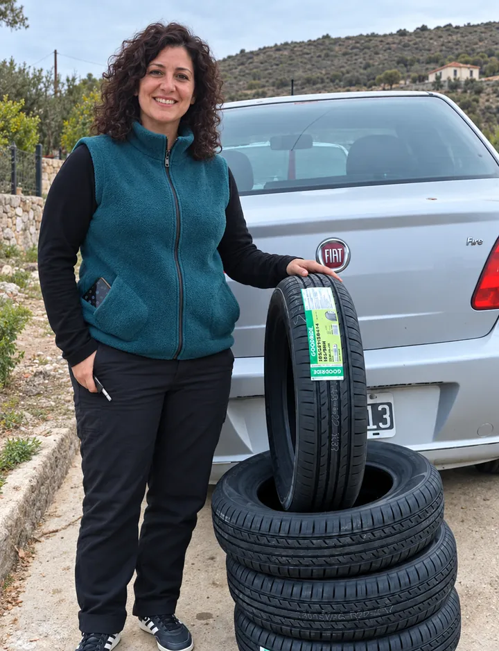 Mujer, Fiat y neumáticos en la colina