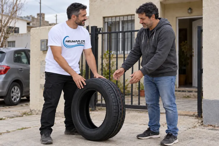 Entrega de un neumático de NEUMAR.CR en el domicilio de un cliente